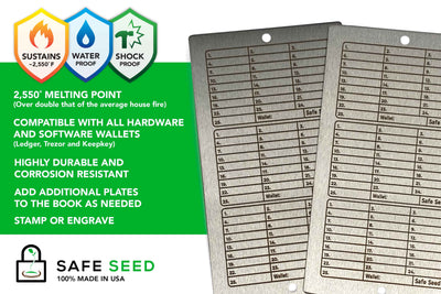 Safe Seed Crypto Recovery Passphrase Metal Book Stainless Steel Edition W/ Stamp Kit & Bench Block